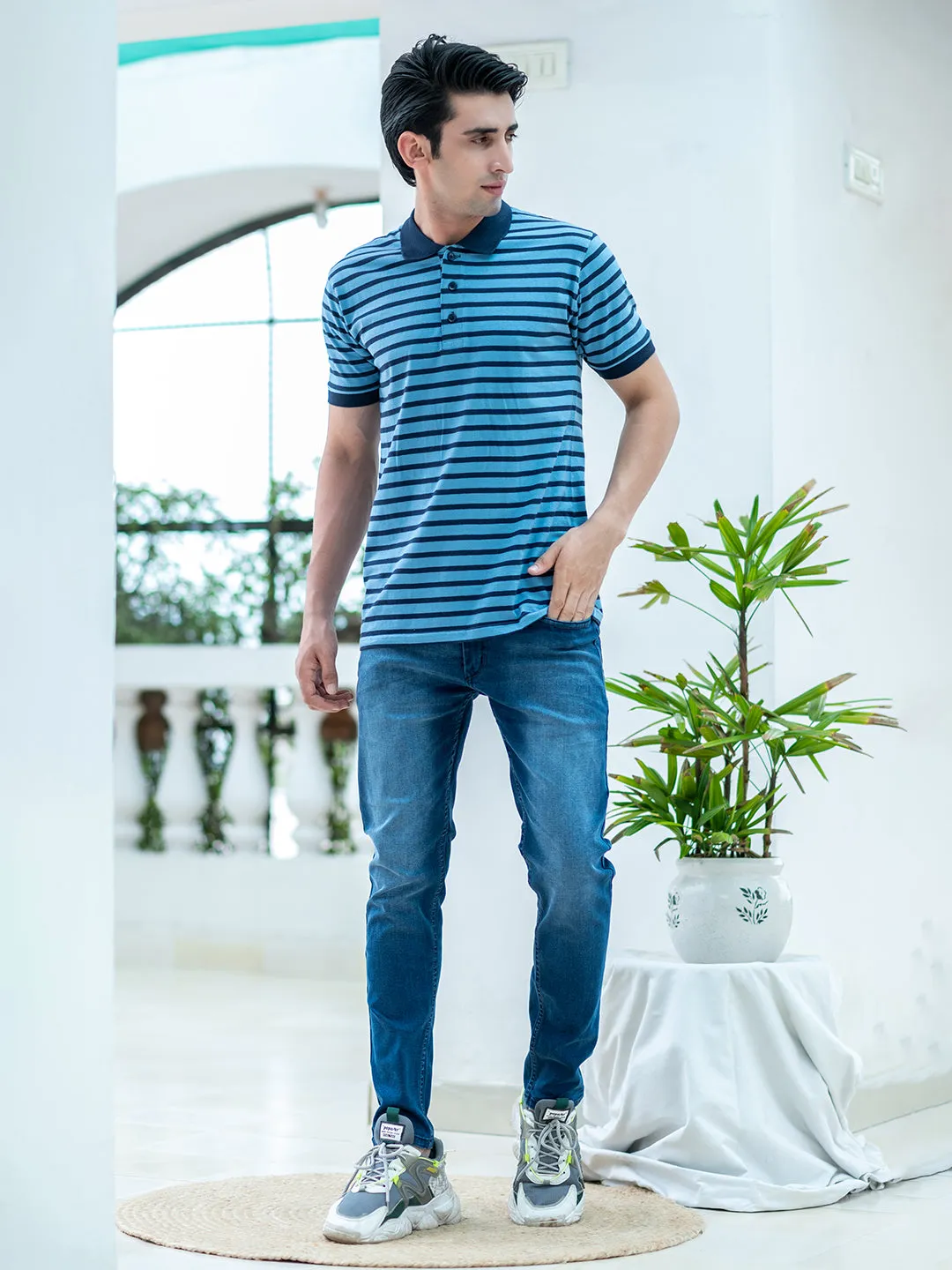Blue Color Strips Polo Neck Cotton T-Shirt For Men