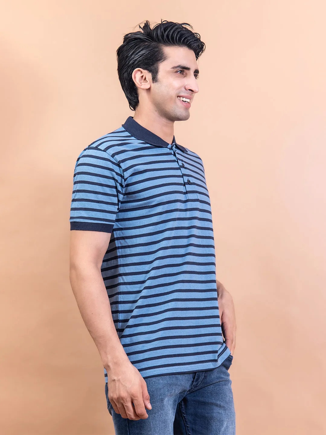 Blue Color Strips Polo Neck Cotton T-Shirt For Men