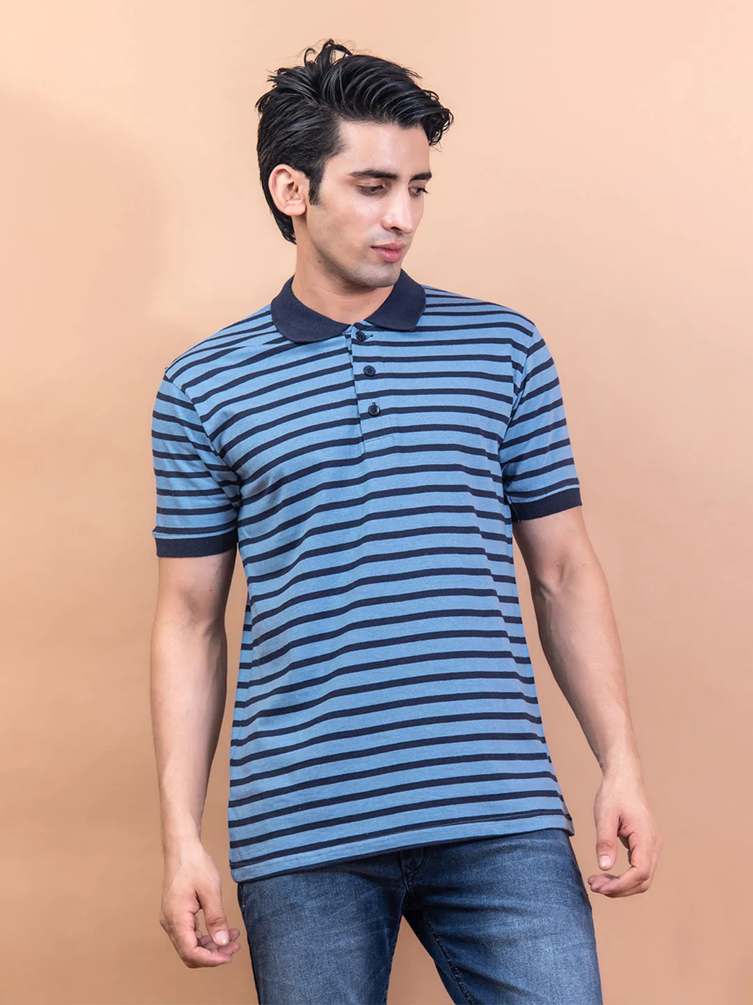 Blue Color Strips Polo Neck Cotton T-Shirt For Men