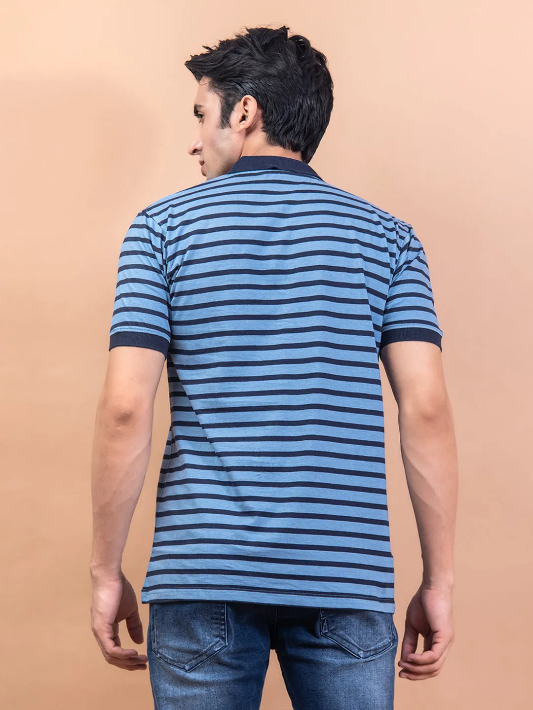 Blue Color Strips Polo Neck Cotton T-Shirt For Men