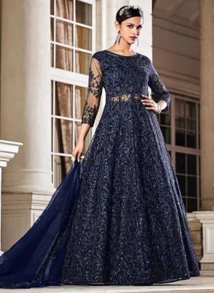 Blue Floral Embroidered Stylish Lehenga/ Pant Style Anarkali