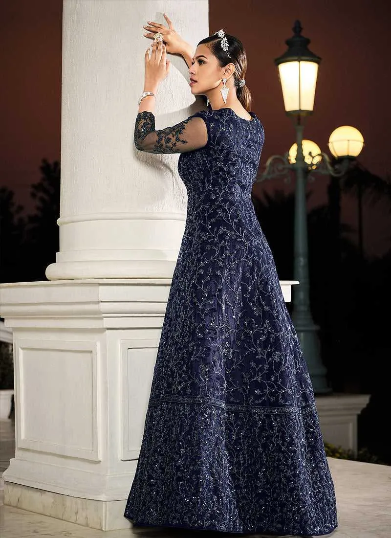 Blue Floral Embroidered Stylish Lehenga/ Pant Style Anarkali