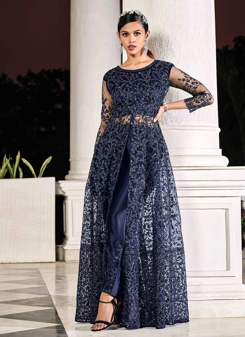 Blue Floral Embroidered Stylish Lehenga/ Pant Style Anarkali