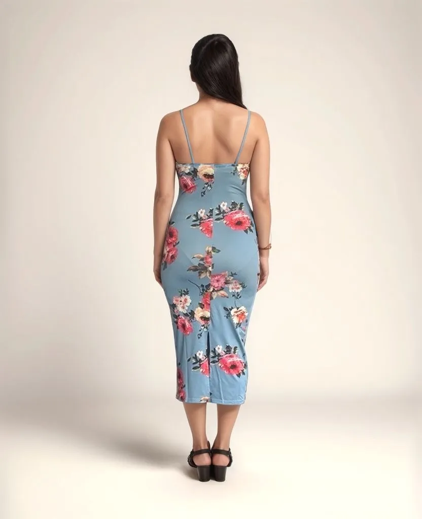Blue Floral Printed Bodycon Dress
