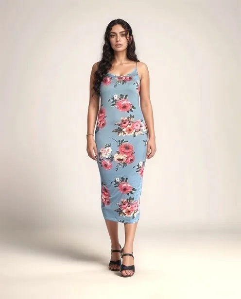 Blue Floral Printed Bodycon Dress