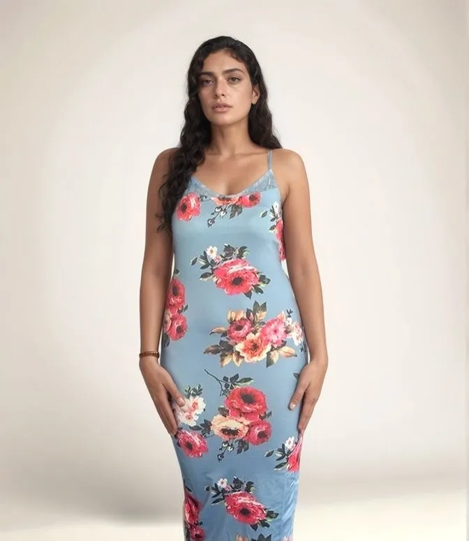 Blue Floral Printed Bodycon Dress