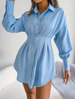 Blue Sinched Waist Shirt Dress