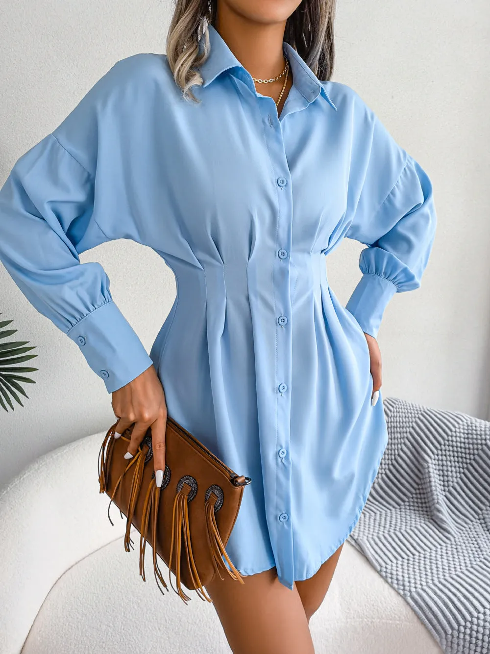 Blue Sinched Waist Shirt Dress