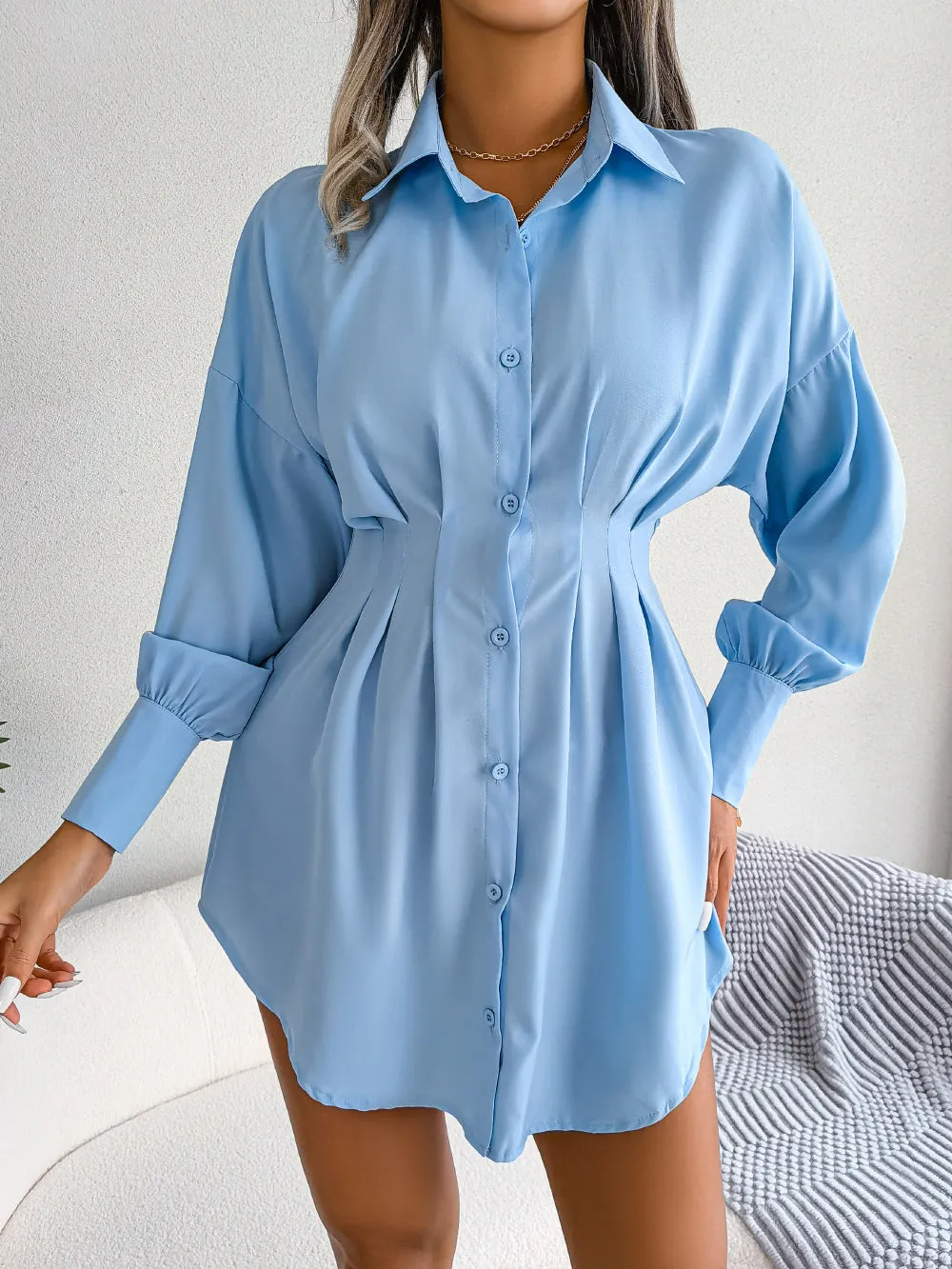 Blue Sinched Waist Shirt Dress