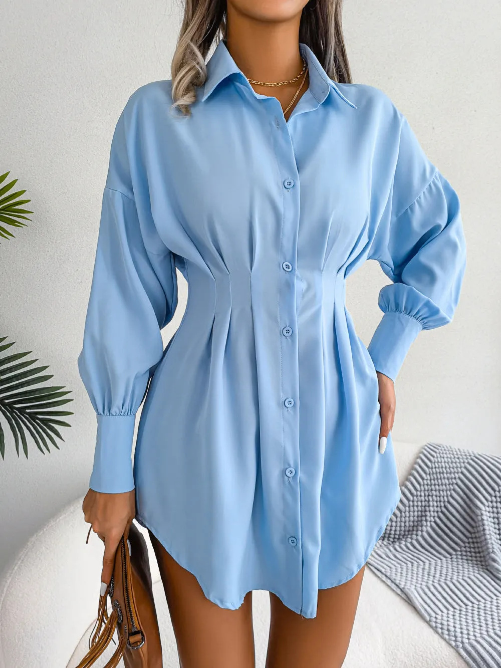 Blue Sinched Waist Shirt Dress