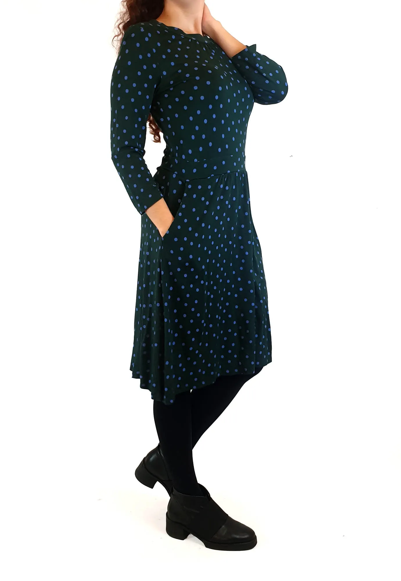 Boden green long sleeve  dress with purple polka dots size UK 10