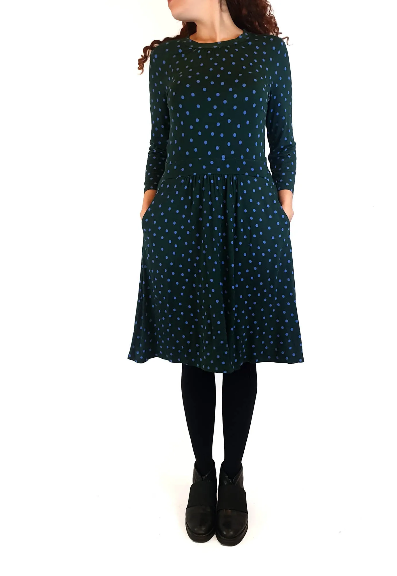 Boden green long sleeve  dress with purple polka dots size UK 10