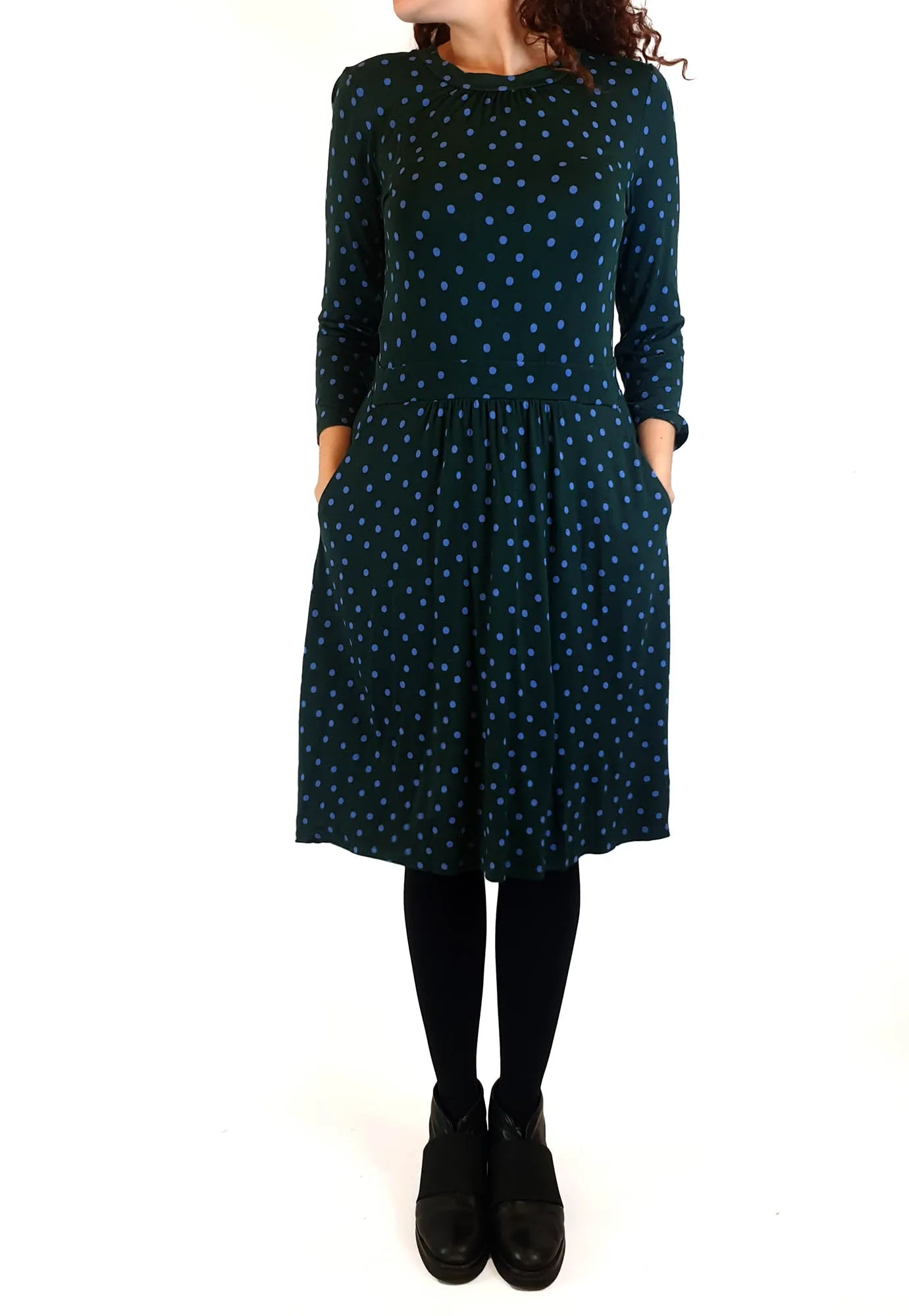 Boden green long sleeve  dress with purple polka dots size UK 10