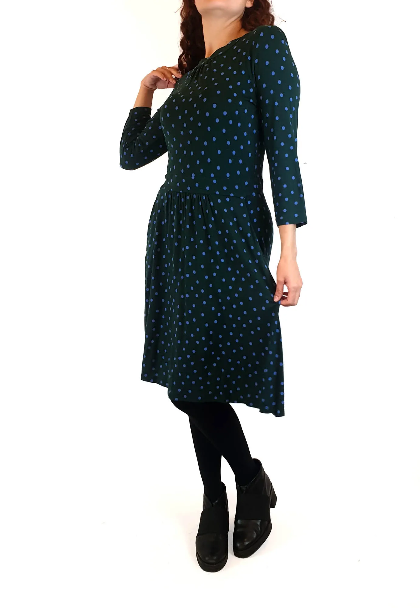 Boden green long sleeve  dress with purple polka dots size UK 10
