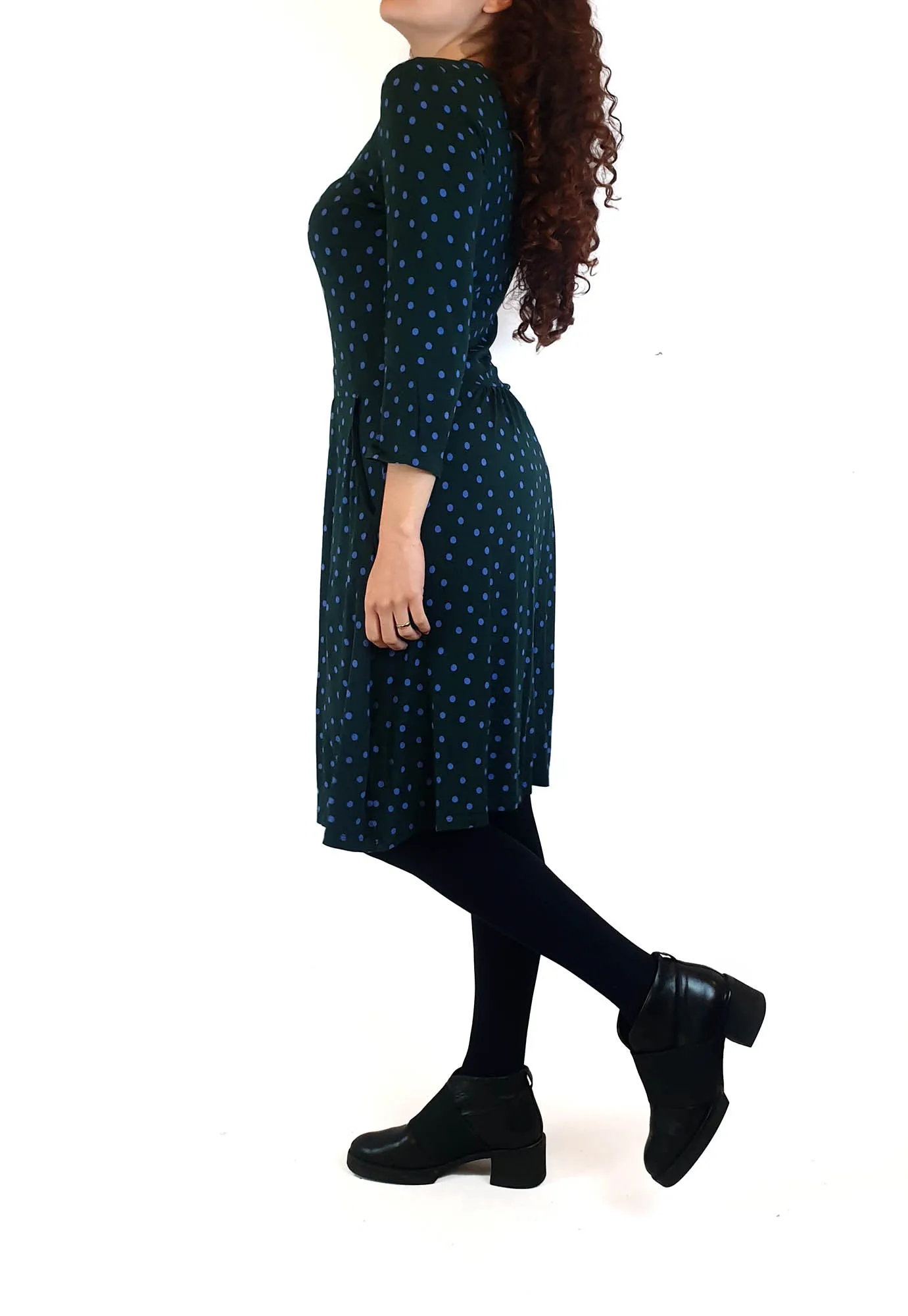 Boden green long sleeve  dress with purple polka dots size UK 10