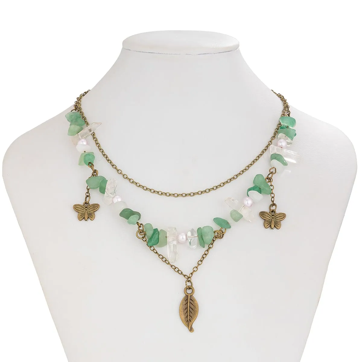 Boho Layered Butterfly Feather Pendant Turquoise Stone Chain Necklace