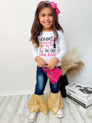 Brains and Beauty Sequin Bell Bottom Jean Set