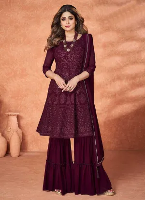 Burgundy Stylish Embroidered Gharara Suit