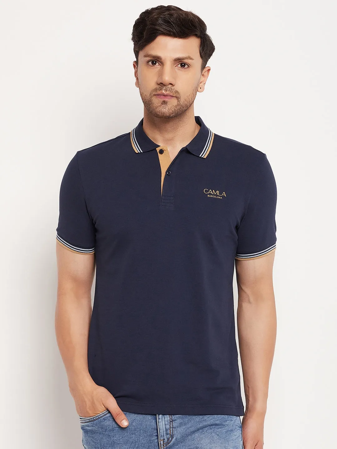Camla Barcelona Solid Navy Blue T-Shirt