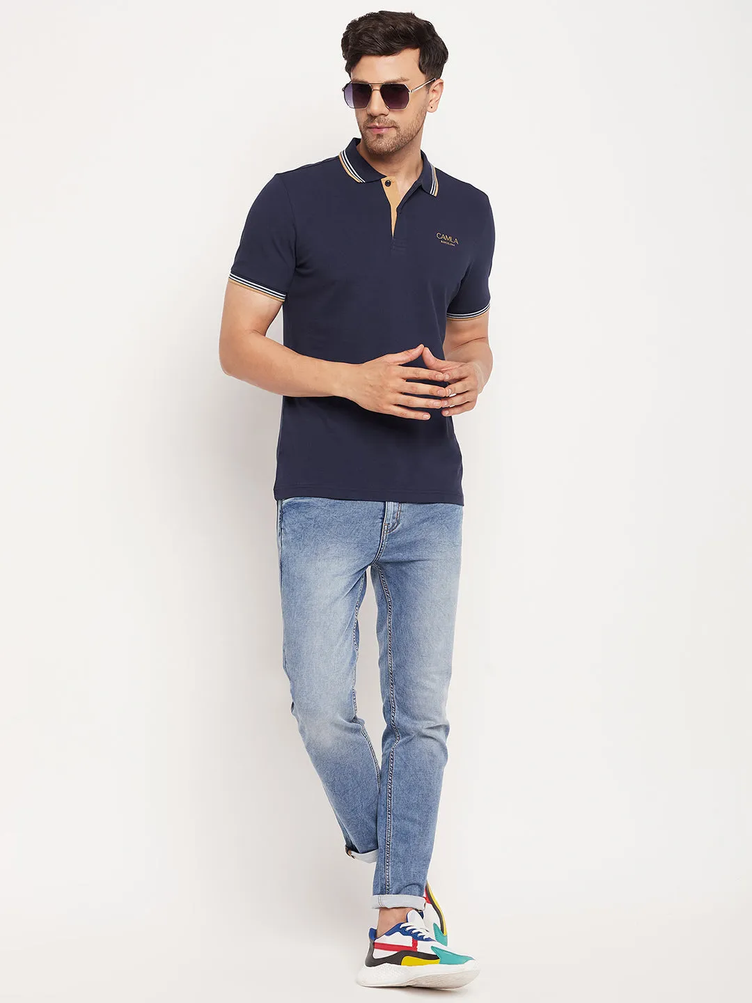 Camla Barcelona Solid Navy Blue T-Shirt