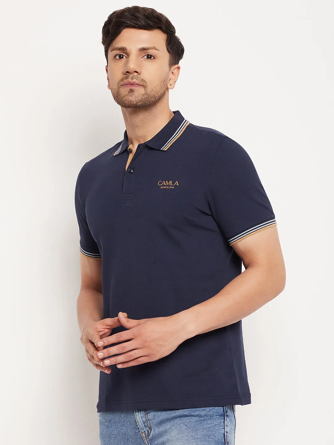Camla Barcelona Solid Navy Blue T-Shirt