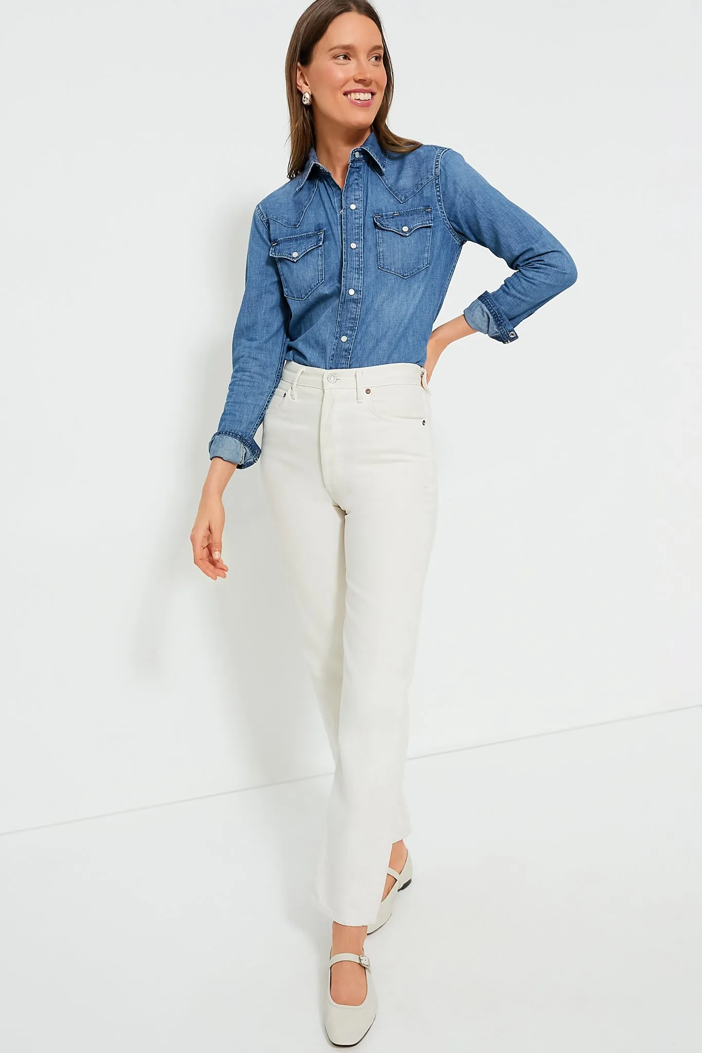 Canaria Wash Denim Western Long Sleeve Button Shirt