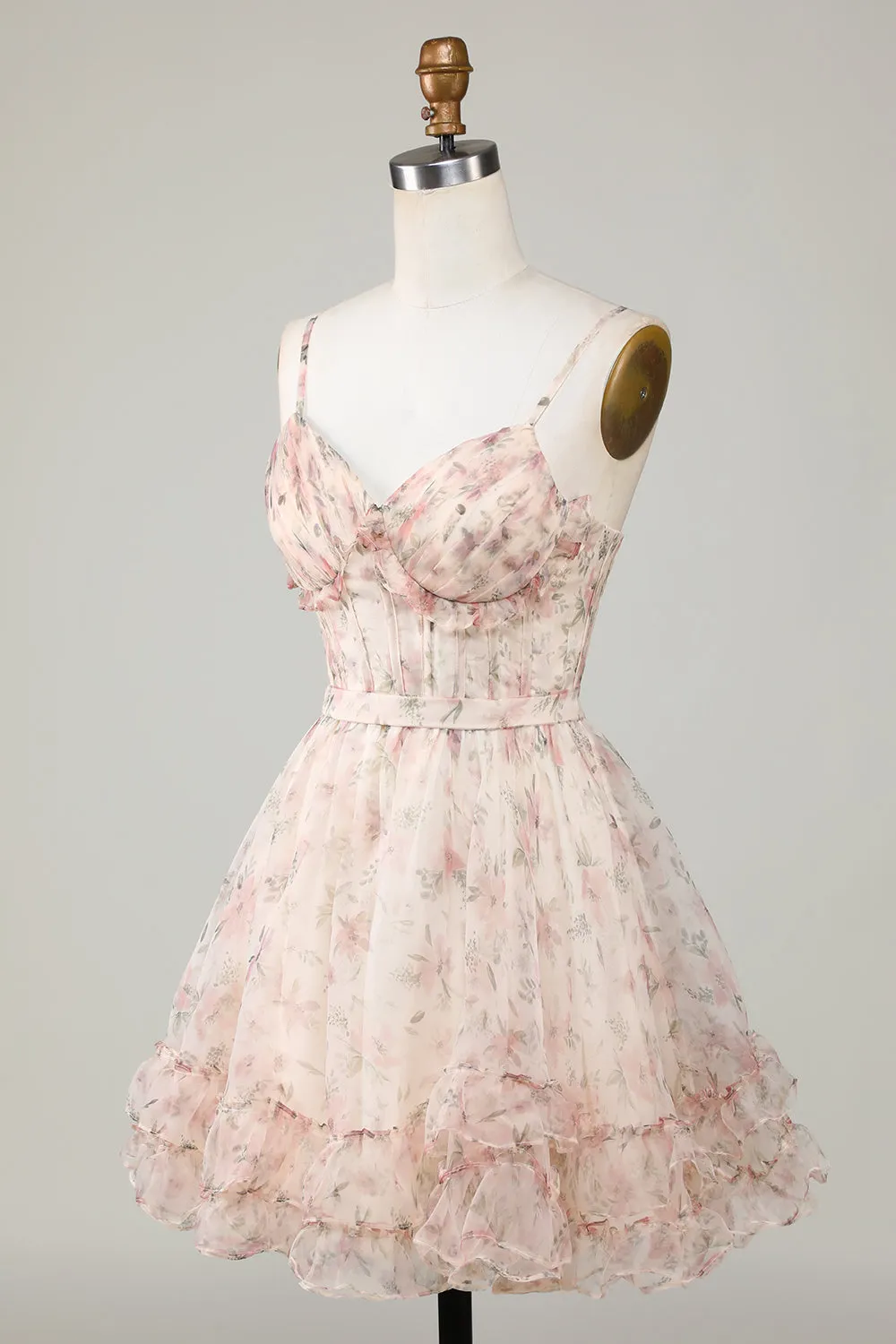 Champagne A-Line Corset Floral Short Homecoming Dress with Lace Up Back
