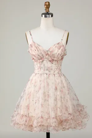 Champagne A-Line Corset Floral Short Homecoming Dress with Lace Up Back