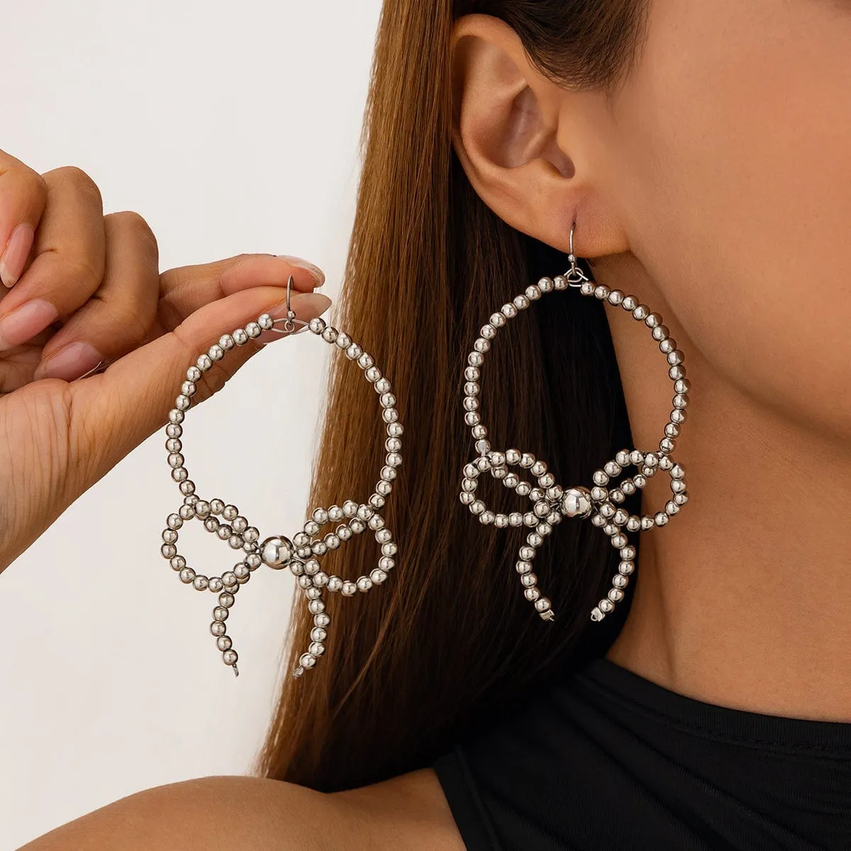 Chic Beaded Bowknot Dangle Hoop Earrings