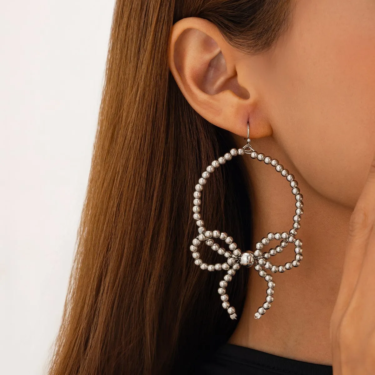 Chic Beaded Bowknot Dangle Hoop Earrings