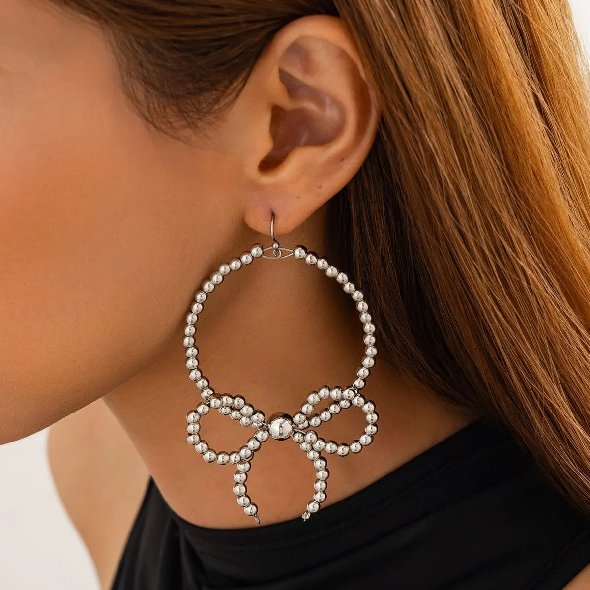 Chic Beaded Bowknot Dangle Hoop Earrings