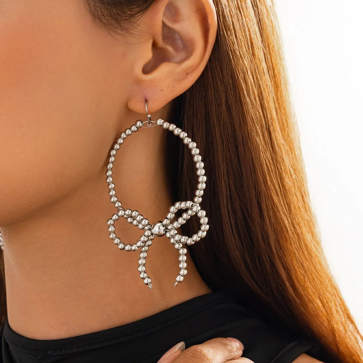 Chic Beaded Bowknot Dangle Hoop Earrings
