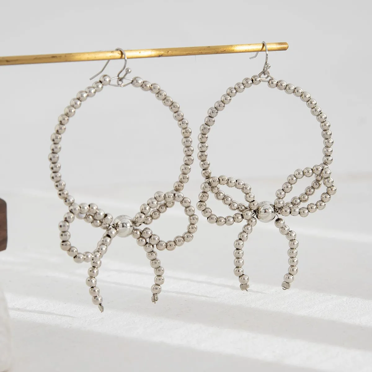 Chic Beaded Bowknot Dangle Hoop Earrings