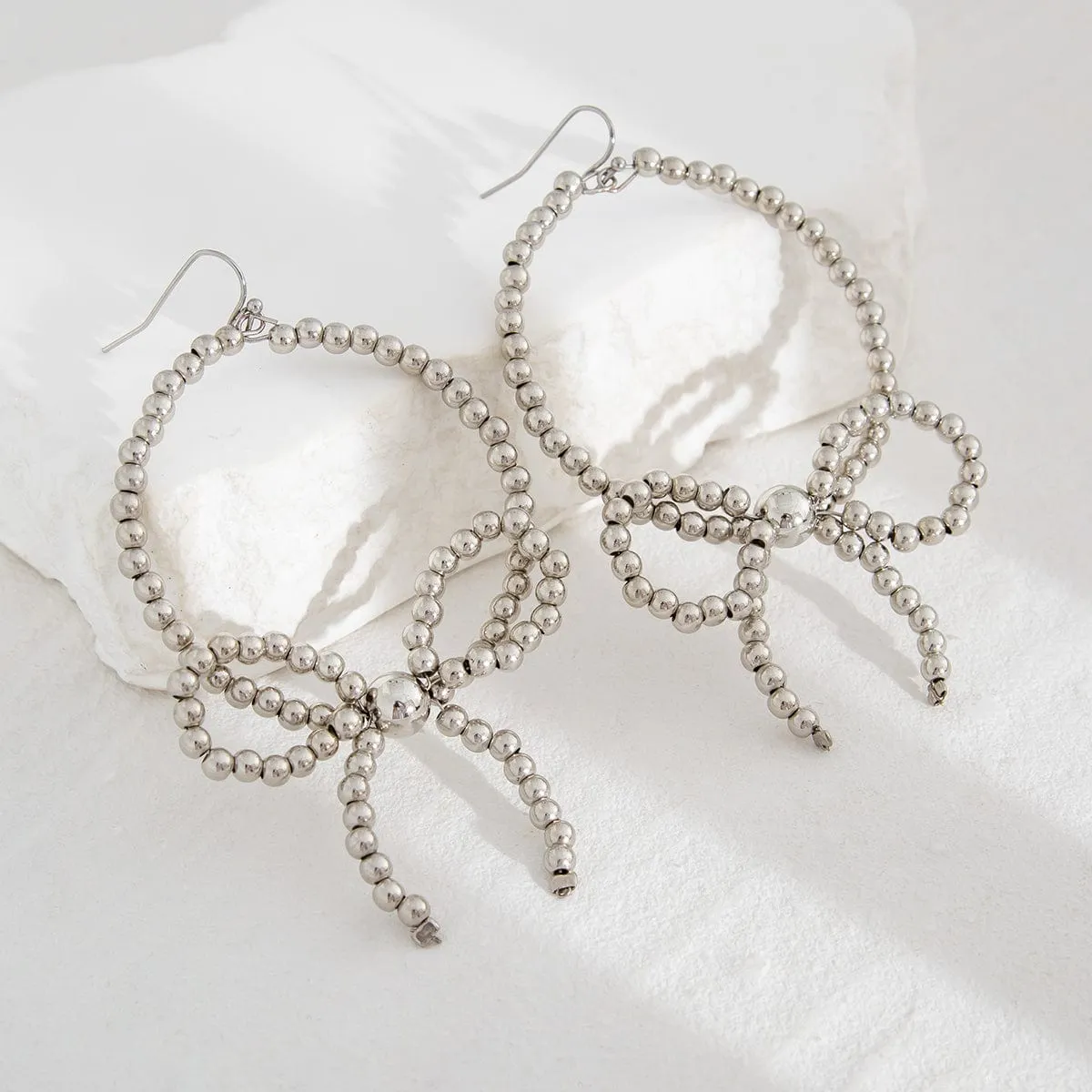 Chic Beaded Bowknot Dangle Hoop Earrings