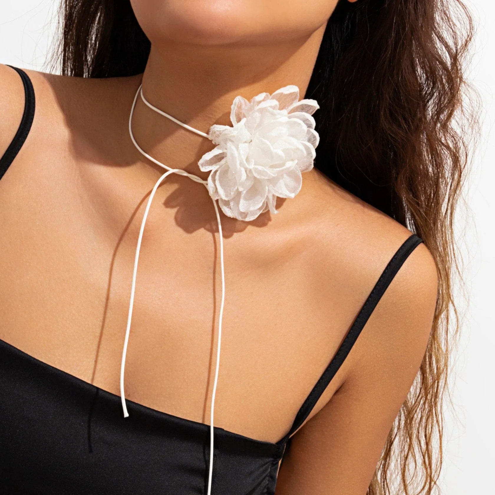 Chic Black White Flower Wax Cord String Choker Necklace