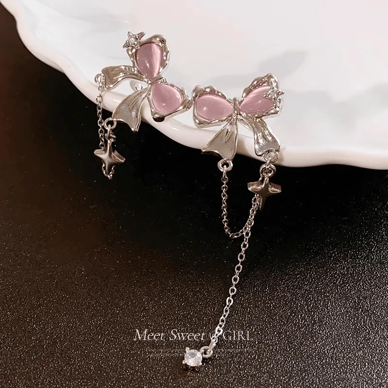 Chic Celestial Opal Bowknot Ear Cuff Chain Earrings