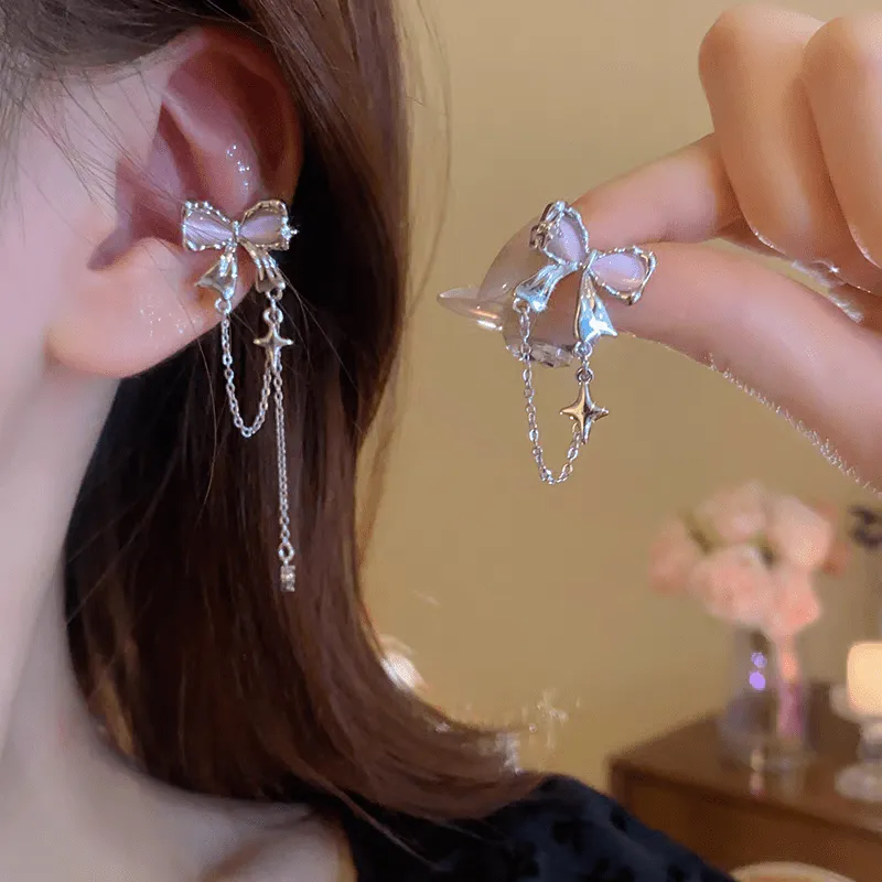 Chic Celestial Opal Bowknot Ear Cuff Chain Earrings