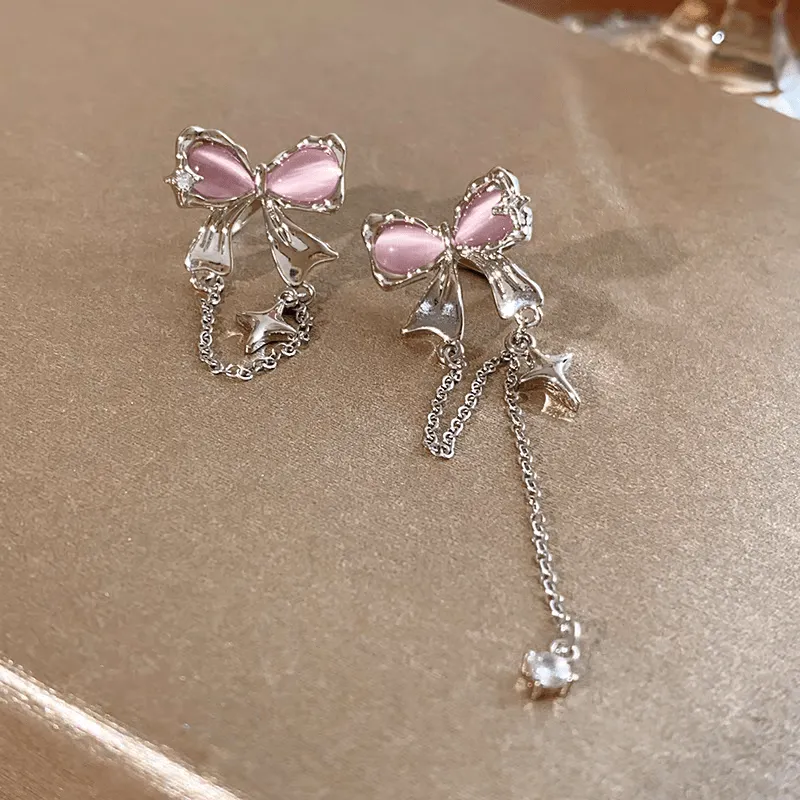 Chic Celestial Opal Bowknot Ear Cuff Chain Earrings