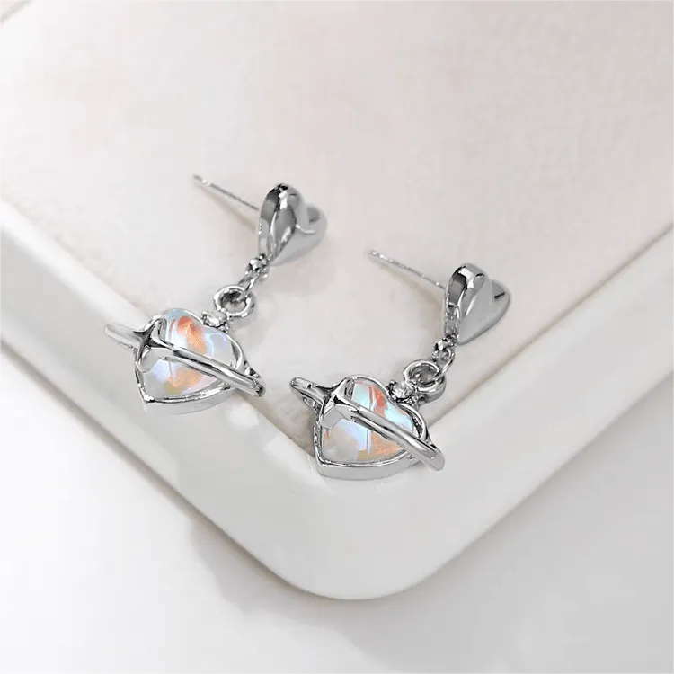 Chic Celestial Opal Heart Dangle Earrings
