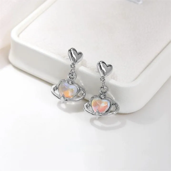 Chic Celestial Opal Heart Dangle Earrings