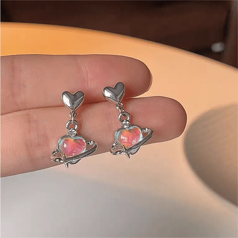 Chic Celestial Opal Heart Dangle Earrings