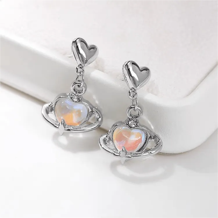 Chic Celestial Opal Heart Dangle Earrings
