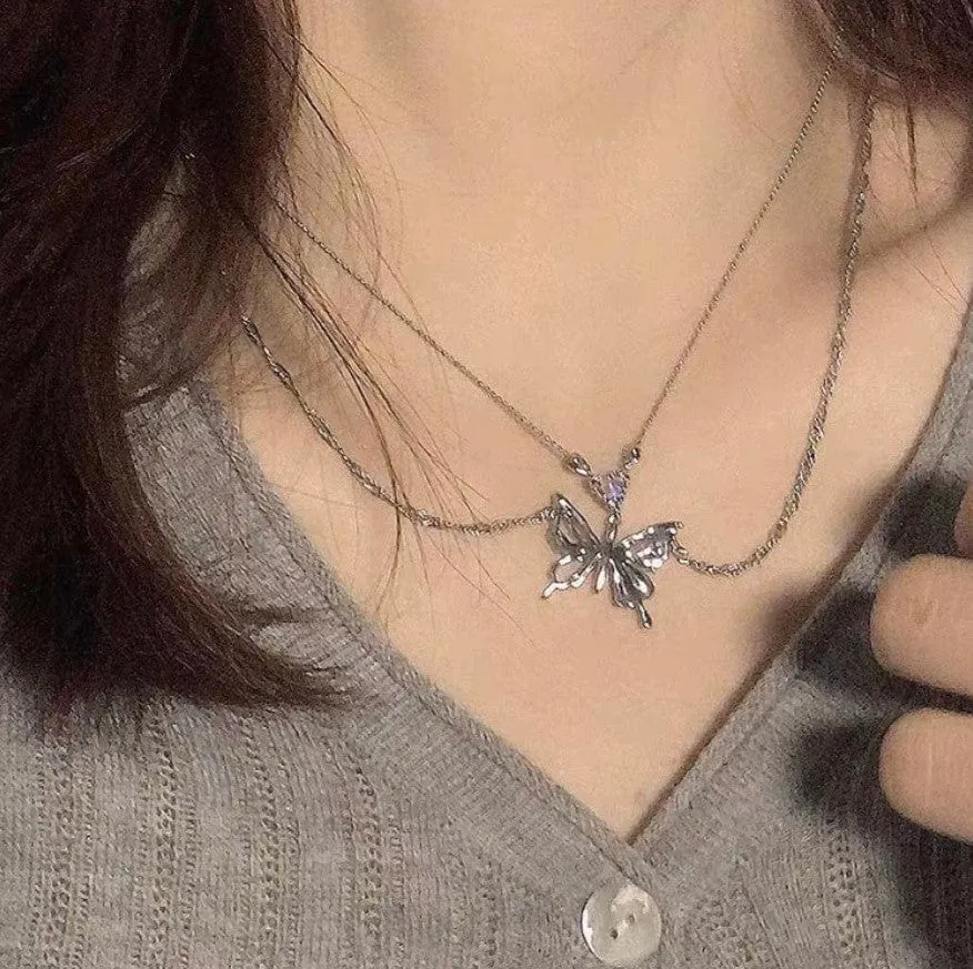 Chic Crystal Inlaid Layered Antique Silver Butterfly Necklace