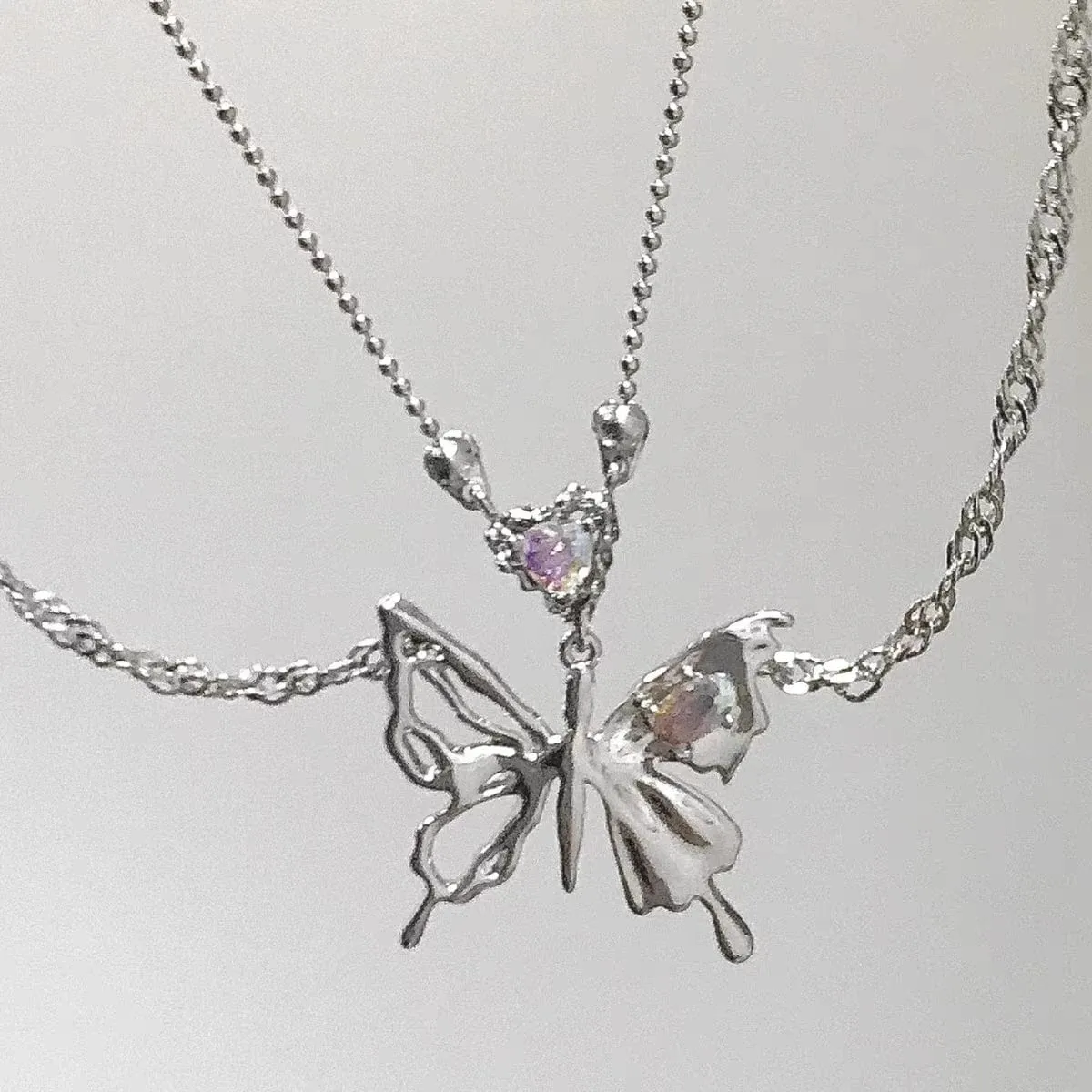 Chic Crystal Inlaid Layered Antique Silver Butterfly Necklace