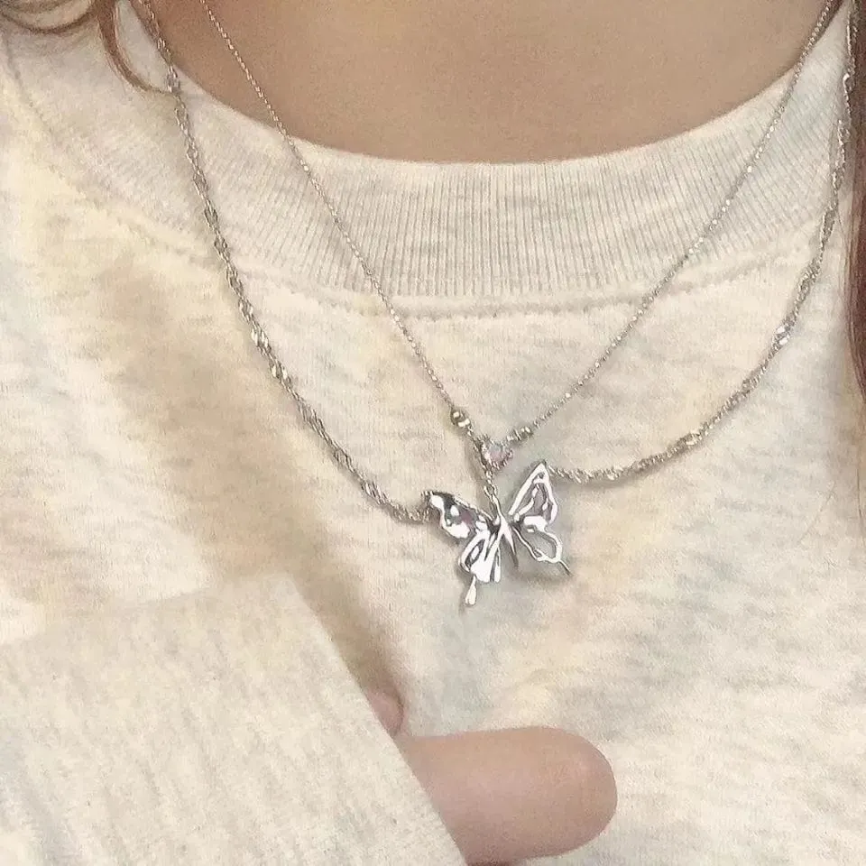 Chic Crystal Inlaid Layered Antique Silver Butterfly Necklace