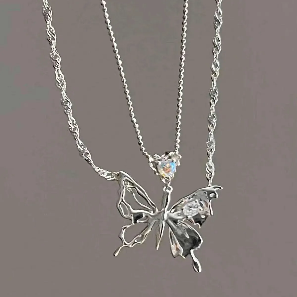 Chic Crystal Inlaid Layered Antique Silver Butterfly Necklace