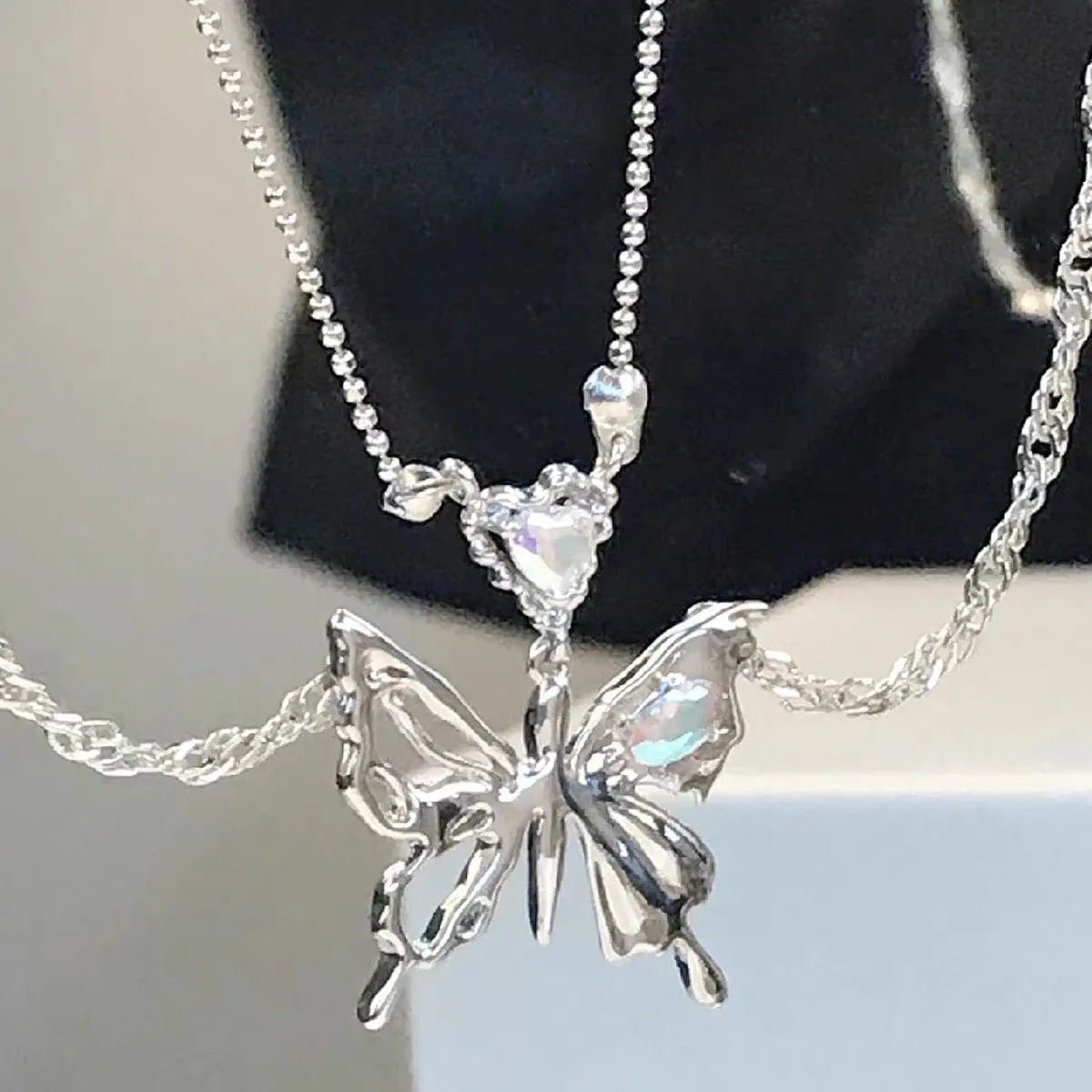 Chic Crystal Inlaid Layered Antique Silver Butterfly Necklace