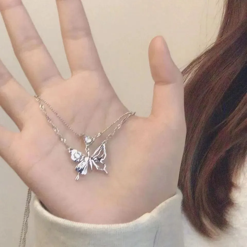 Chic Crystal Inlaid Layered Antique Silver Butterfly Necklace