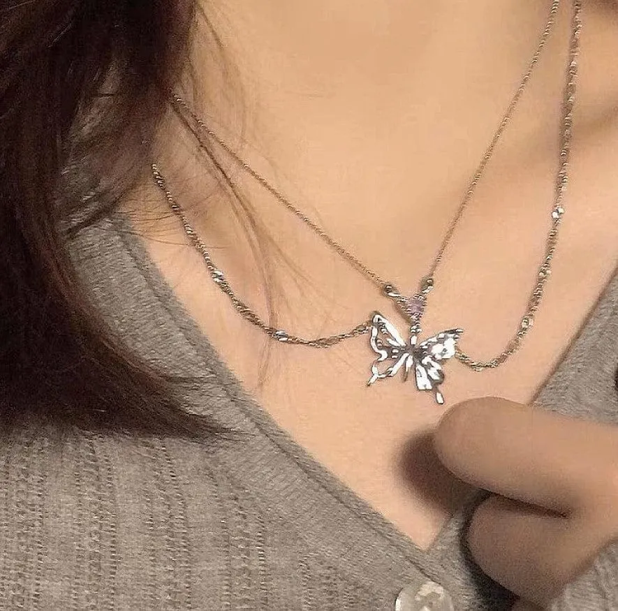 Chic Crystal Inlaid Layered Antique Silver Butterfly Necklace