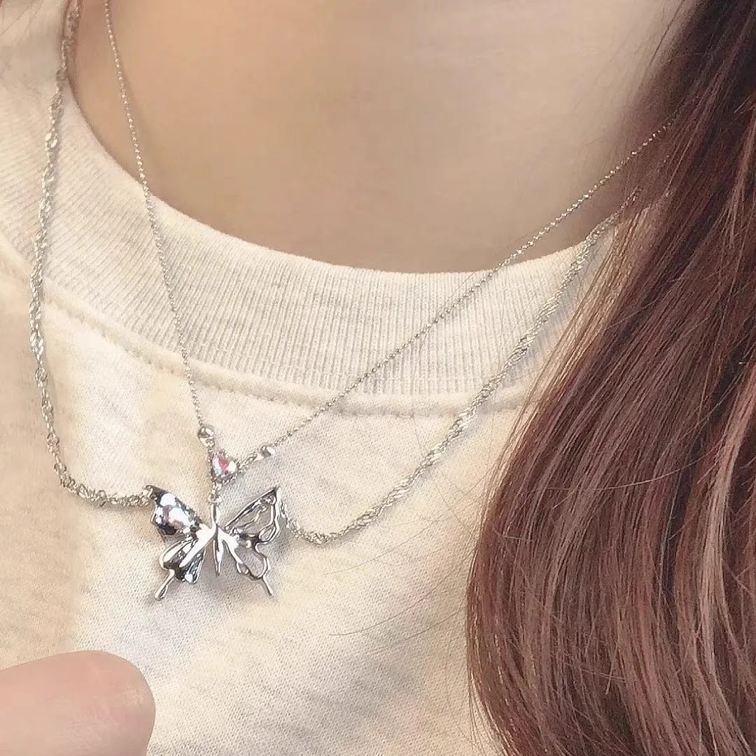 Chic Crystal Inlaid Layered Antique Silver Butterfly Necklace